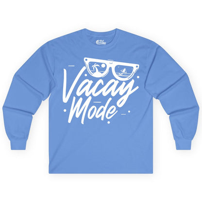 Vacay Mode Shirt - Beach Vacation Shirt for Summer Travel Adventures (Long Sleeve) in Carolina Blue - Vacay Mode Shirt - Sunglasses Beach Scene Summer Travel Tee