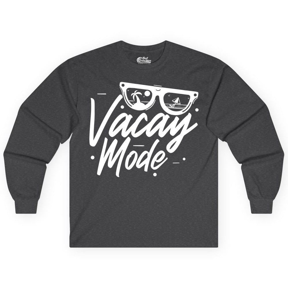 Vacay Mode Shirt - Beach Vacation Shirt for Summer Travel Adventures (Long Sleeve) in Dark Heather - Vacay Mode Shirt - Sunglasses Beach Scene Summer Travel Tee