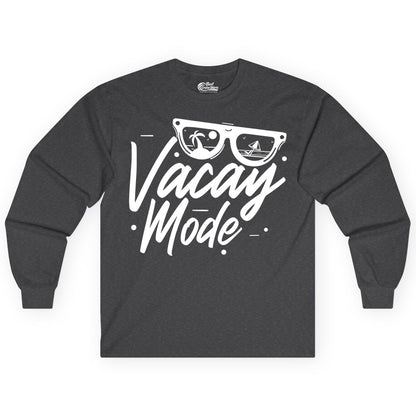 Vacay Mode Shirt - Beach Vacation Shirt for Summer Travel Adventures (Long Sleeve) in Dark Heather - Vacay Mode Shirt - Sunglasses Beach Scene Summer Travel Tee