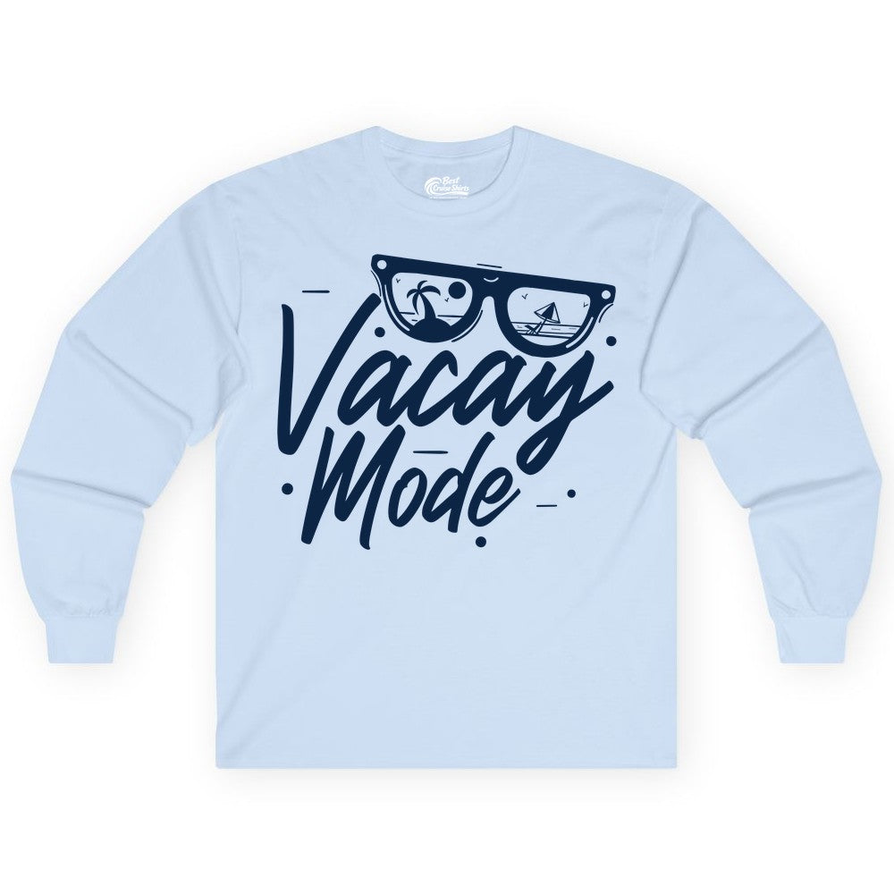 Vacay Mode Shirt - Beach Vacation Shirt for Summer Travel Adventures (Long Sleeve) in Light Blue - Vacay Mode Shirt - Sunglasses Beach Scene Summer Travel Tee
