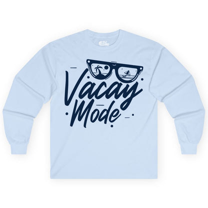 Vacay Mode Shirt - Beach Vacation Shirt for Summer Travel Adventures (Long Sleeve) in Light Blue - Vacay Mode Shirt - Sunglasses Beach Scene Summer Travel Tee