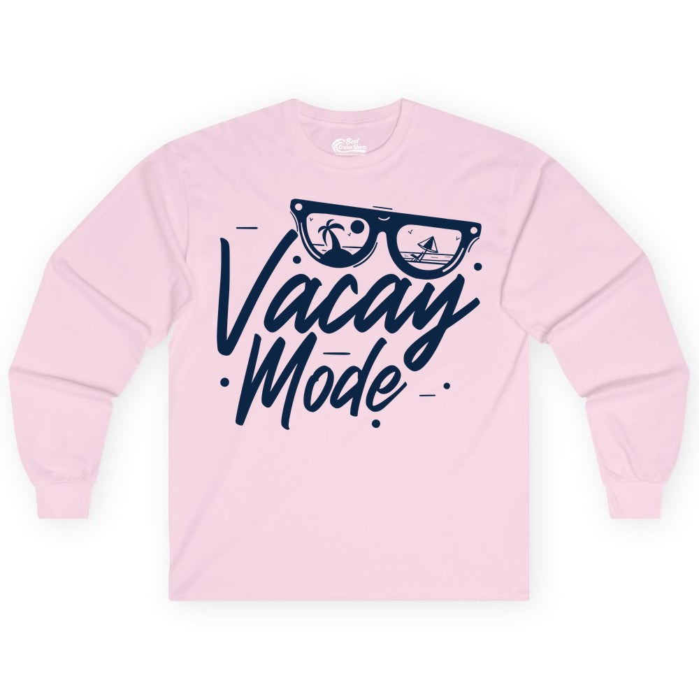 Vacay Mode Shirt - Beach Vacation Shirt for Summer Travel Adventures (Long Sleeve) in Light Pink - Vacay Mode Shirt - Sunglasses Beach Scene Summer Travel Tee
