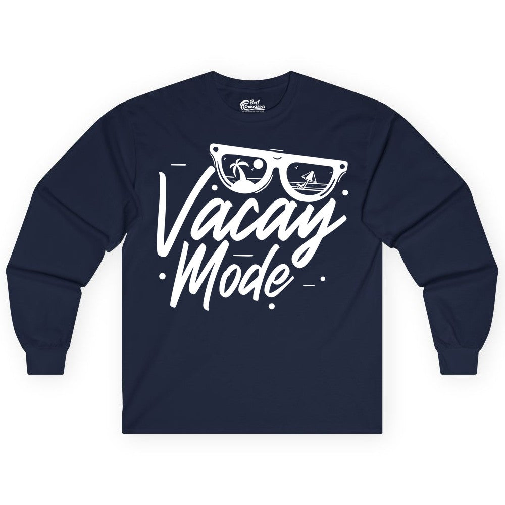 Vacay Mode Shirt - Beach Vacation Shirt for Summer Travel Adventures (Long Sleeve) in Navy - Vacay Mode Shirt - Sunglasses Beach Scene Summer Travel Tee