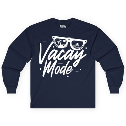 Vacay Mode Shirt - Beach Vacation Shirt for Summer Travel Adventures (Long Sleeve) in Navy - Vacay Mode Shirt - Sunglasses Beach Scene Summer Travel Tee