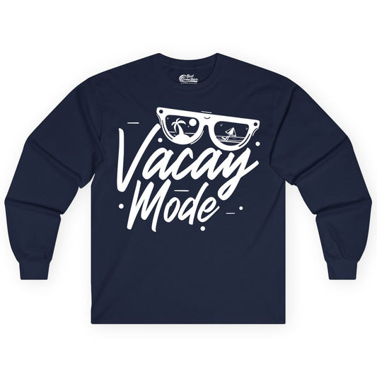 Vacay Mode Shirt - Beach Vacation Shirt for Summer Travel Adventures (Long Sleeve) in Navy - Vacay Mode Shirt - Sunglasses Beach Scene Summer Travel Tee
