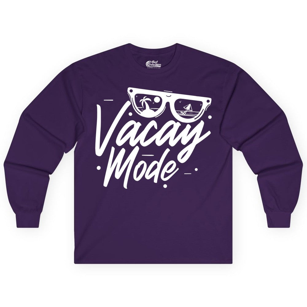 Vacay Mode Shirt - Beach Vacation Shirt for Summer Travel Adventures (Long Sleeve) in Purple - Vacay Mode Shirt - Sunglasses Beach Scene Summer Travel Tee