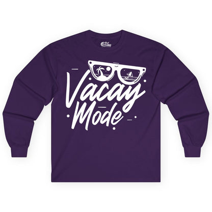 Vacay Mode Shirt - Beach Vacation Shirt for Summer Travel Adventures (Long Sleeve) in Purple - Vacay Mode Shirt - Sunglasses Beach Scene Summer Travel Tee