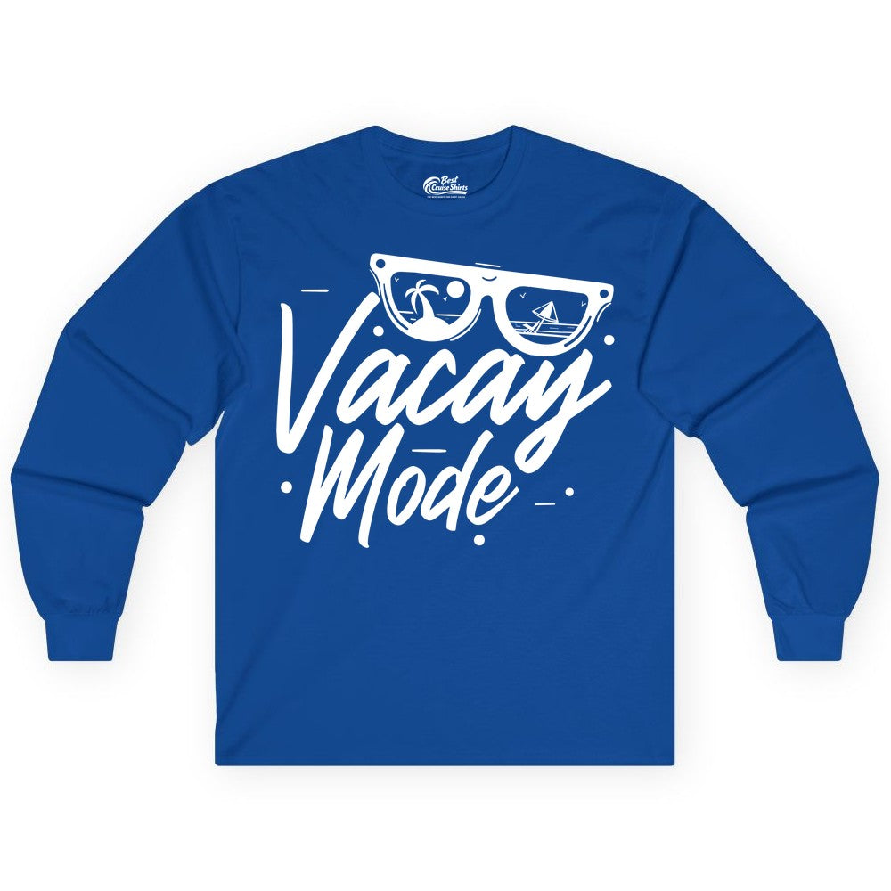 Vacay Mode Shirt - Beach Vacation Shirt for Summer Travel Adventures (Long Sleeve) in Royal - Vacay Mode Shirt - Sunglasses Beach Scene Summer Travel Tee