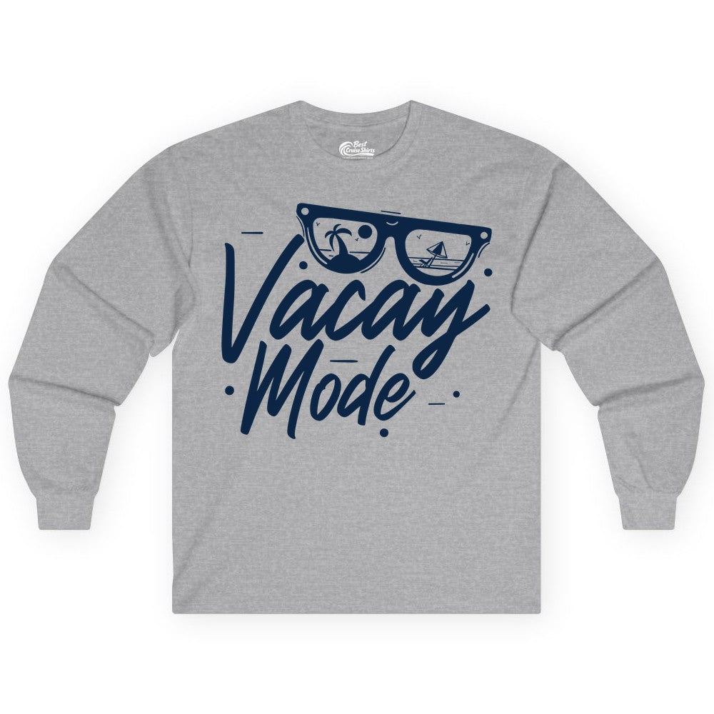 Vacay Mode Shirt - Beach Vacation Shirt for Summer Travel Adventures (Long Sleeve) in Sport Grey - Vacay Mode Shirt - Sunglasses Beach Scene Summer Travel Tee