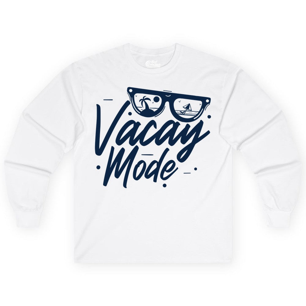 Vacay Mode Shirt - Beach Vacation Shirt for Summer Travel Adventures (Long Sleeve) in White - Vacay Mode Shirt - Sunglasses Beach Scene Summer Travel Tee