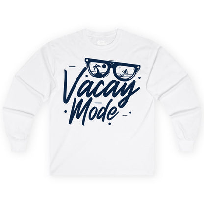 Vacay Mode Shirt - Beach Vacation Shirt for Summer Travel Adventures (Long Sleeve) in White - Vacay Mode Shirt - Sunglasses Beach Scene Summer Travel Tee