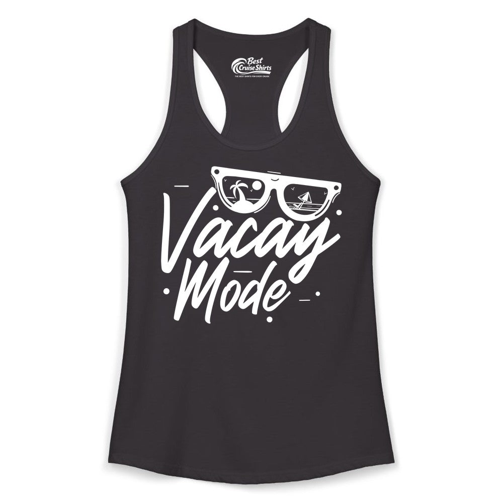 Vacay Mode Shirt - Beach Vacation Shirt for Summer Travel Adventures (Ladies Tank) in Black - Vacay Mode Shirt - Sunglasses Beach Scene Summer Travel Tee