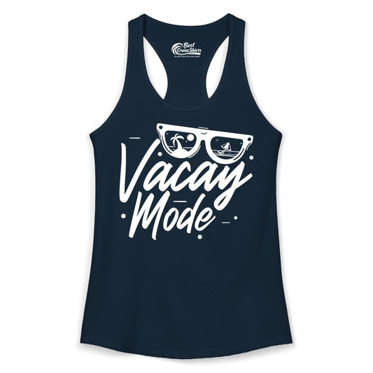 Vacay Mode Shirt - Beach Vacation Shirt for Summer Travel Adventures (Ladies Tank) in Solid Midnight Navy - Vacay Mode Shirt - Sunglasses Beach Scene Summer Travel Tee
