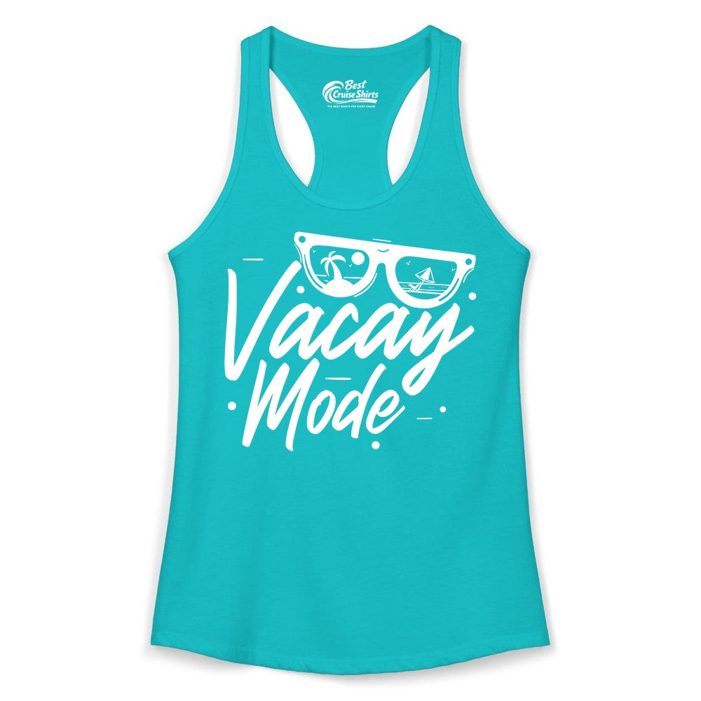 Vacay Mode Shirt - Beach Vacation Shirt for Summer Travel Adventures (Ladies Tank) in Tahiti Blue - Vacay Mode Shirt - Sunglasses Beach Scene Summer Travel Tee