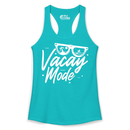 Vacay Mode Shirt - Beach Vacation Shirt for Summer Travel Adventures (Ladies Tank) in Tahiti Blue - Vacay Mode Shirt - Sunglasses Beach Scene Summer Travel Tee
