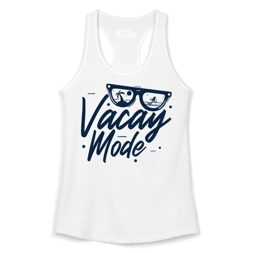 Vacay Mode Shirt - Beach Vacation Shirt for Summer Travel Adventures (Ladies Tank) in White - Vacay Mode Shirt - Sunglasses Beach Scene Summer Travel Tee