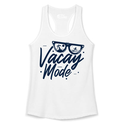 Vacay Mode Shirt - Beach Vacation Shirt for Summer Travel Adventures (Ladies Tank) in White - Vacay Mode Shirt - Sunglasses Beach Scene Summer Travel Tee