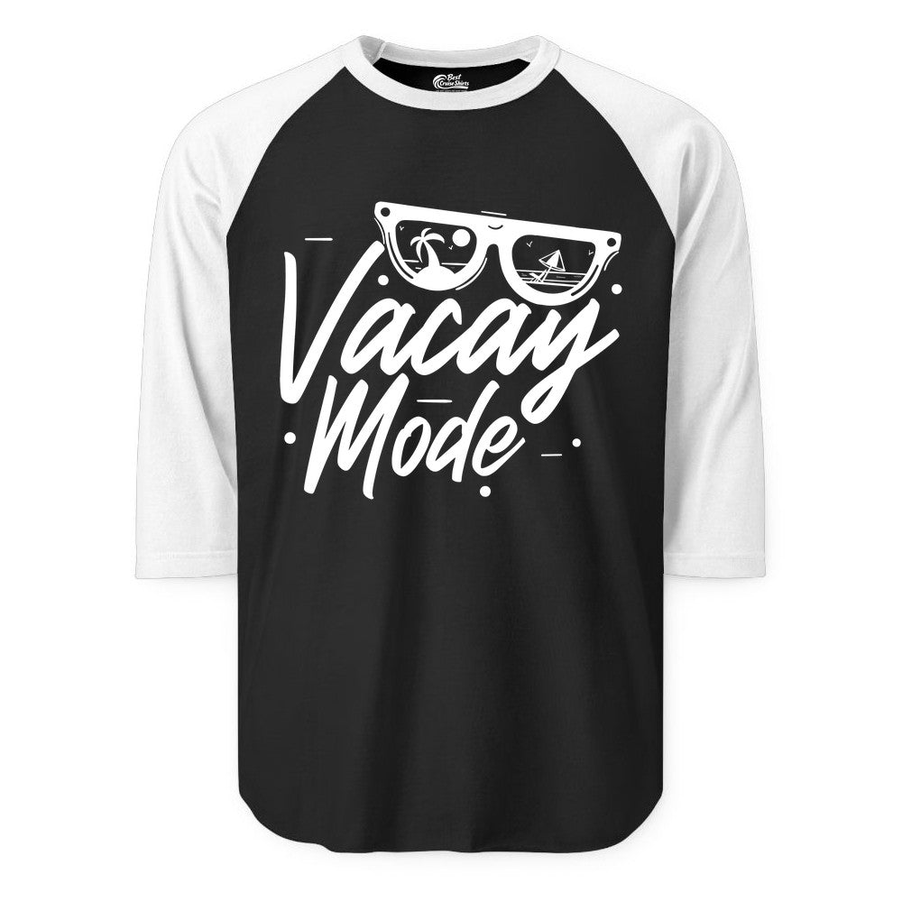 Vacay Mode Shirt - Beach Vacation Shirt for Summer Travel Adventures (Raglan) in BlackWhite - Vacay Mode Shirt - Sunglasses Beach Scene Summer Travel Tee