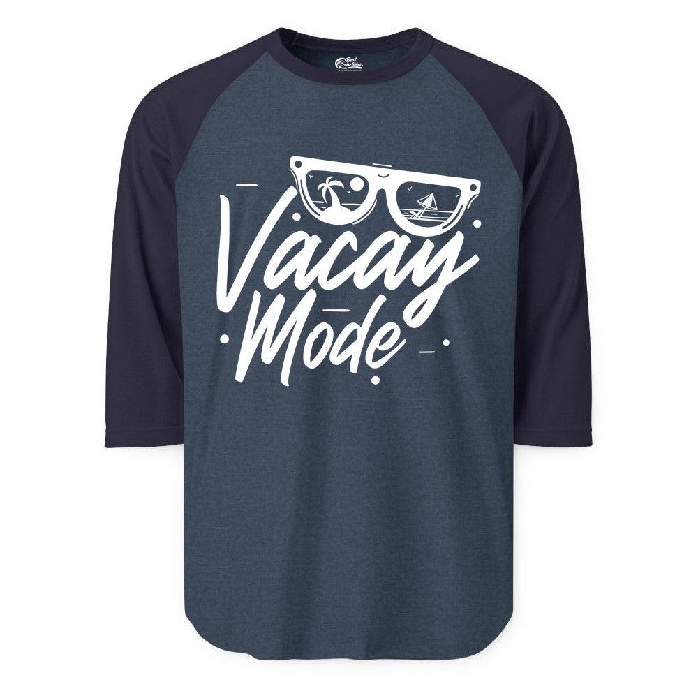 Vacay Mode Shirt - Beach Vacation Shirt for Summer Travel Adventures (Raglan) in Heather DenimNavy - Vacay Mode Shirt - Sunglasses Beach Scene Summer Travel Tee