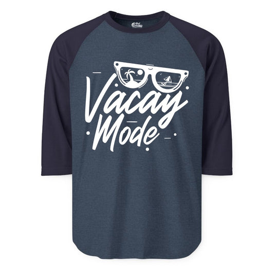 Vacay Mode Shirt - Beach Vacation Shirt for Summer Travel Adventures (Raglan) in Heather DenimNavy - Vacay Mode Shirt - Sunglasses Beach Scene Summer Travel Tee