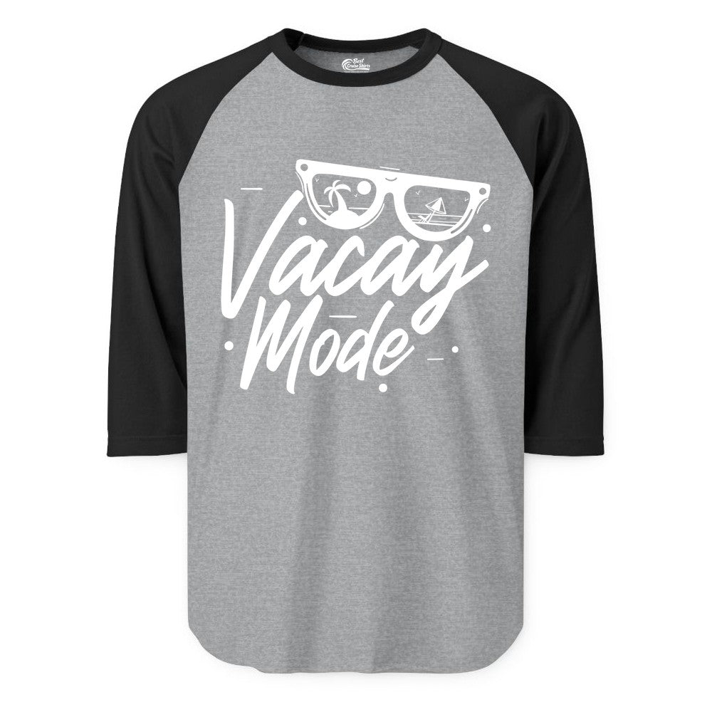 Vacay Mode Shirt - Beach Vacation Shirt for Summer Travel Adventures (Raglan) in Heather GreyBlack - Vacay Mode Shirt - Sunglasses Beach Scene Summer Travel Tee