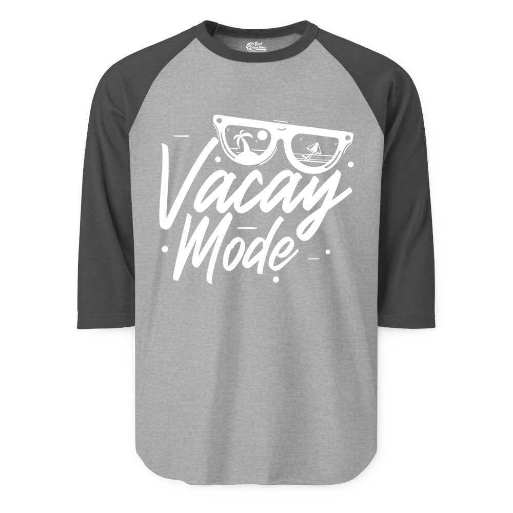 Vacay Mode Shirt - Beach Vacation Shirt for Summer Travel Adventures (Raglan) in Heather GreyHeather Charcoal - Vacay Mode Shirt - Sunglasses Beach Scene Summer Travel Tee