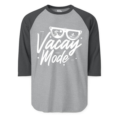 Vacay Mode Shirt - Beach Vacation Shirt for Summer Travel Adventures (Raglan) in Heather GreyHeather Charcoal - Vacay Mode Shirt - Sunglasses Beach Scene Summer Travel Tee