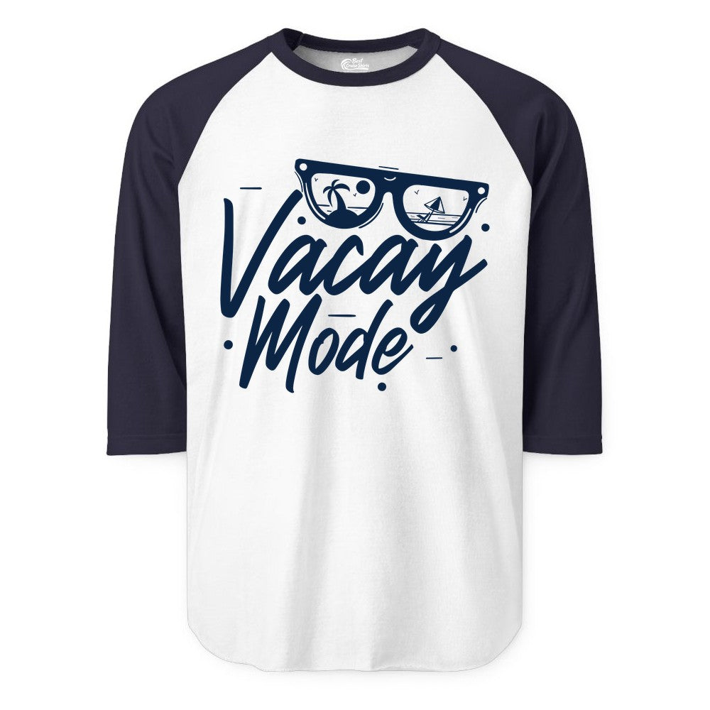 Vacay Mode Shirt - Beach Vacation Shirt for Summer Travel Adventures (Raglan) in WhiteNavy - Vacay Mode Shirt - Sunglasses Beach Scene Summer Travel Tee
