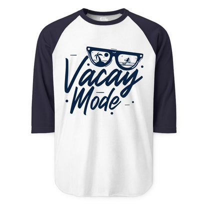 Vacay Mode Shirt - Beach Vacation Shirt for Summer Travel Adventures (Raglan) in WhiteNavy - Vacay Mode Shirt - Sunglasses Beach Scene Summer Travel Tee
