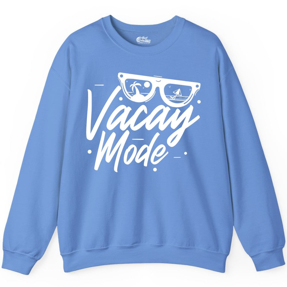 Vacay Mode Shirt - Beach Vacation Shirt for Summer Travel Adventures (Sweatshirt) in Carolina Blue - Vacay Mode Shirt - Sunglasses Beach Scene Summer Travel Tee