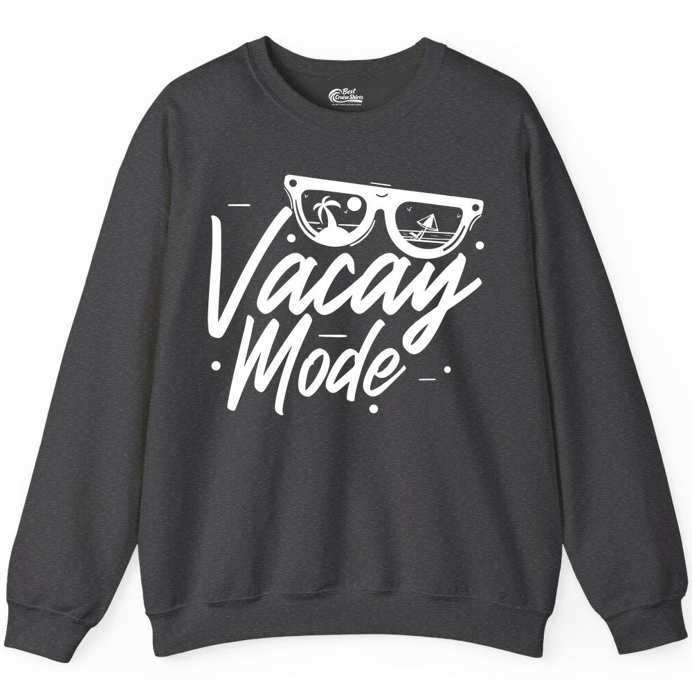 Vacay Mode Shirt - Beach Vacation Shirt for Summer Travel Adventures (Sweatshirt) in Dark Heather - Vacay Mode Shirt - Sunglasses Beach Scene Summer Travel Tee