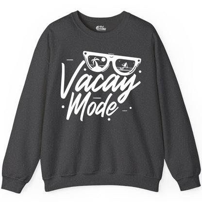 Vacay Mode Shirt - Beach Vacation Shirt for Summer Travel Adventures (Sweatshirt) in Dark Heather - Vacay Mode Shirt - Sunglasses Beach Scene Summer Travel Tee