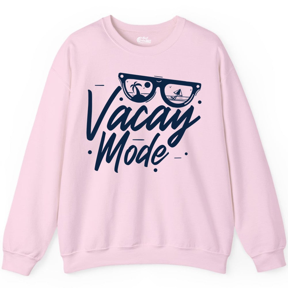 Vacay Mode Shirt - Beach Vacation Shirt for Summer Travel Adventures (Sweatshirt) in Light Pink - Vacay Mode Shirt - Sunglasses Beach Scene Summer Travel Tee