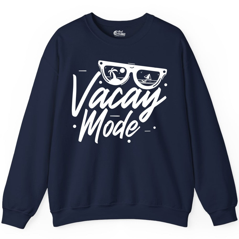 Vacay Mode Shirt - Beach Vacation Shirt for Summer Travel Adventures (Sweatshirt) in Navy - Vacay Mode Shirt - Sunglasses Beach Scene Summer Travel Tee