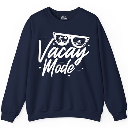 Vacay Mode Shirt - Beach Vacation Shirt for Summer Travel Adventures (Sweatshirt) in Navy - Vacay Mode Shirt - Sunglasses Beach Scene Summer Travel Tee