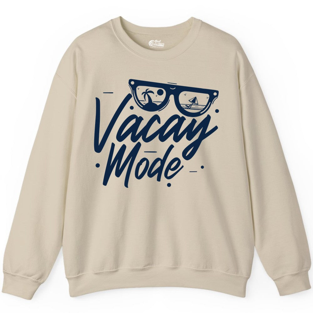 Vacay Mode Shirt - Beach Vacation Shirt for Summer Travel Adventures (Sweatshirt) in Sand - Vacay Mode Shirt - Sunglasses Beach Scene Summer Travel Tee