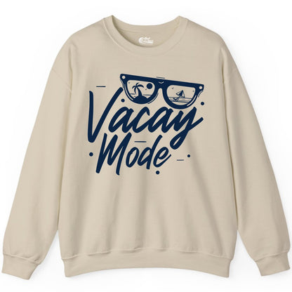 Vacay Mode Shirt - Beach Vacation Shirt for Summer Travel Adventures (Sweatshirt) in Sand - Vacay Mode Shirt - Sunglasses Beach Scene Summer Travel Tee