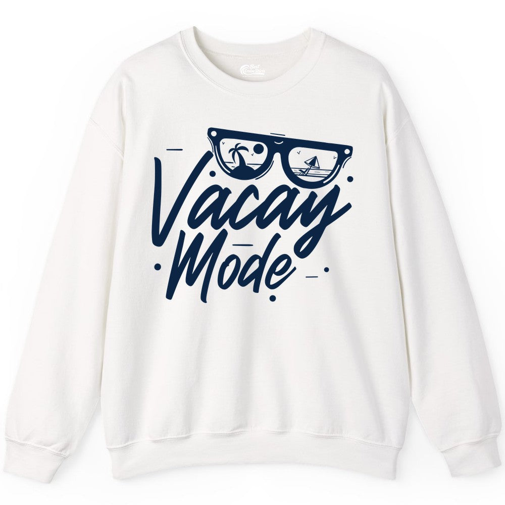 Vacay Mode Shirt - Beach Vacation Shirt for Summer Travel Adventures (Sweatshirt) in White - Vacay Mode Shirt - Sunglasses Beach Scene Summer Travel Tee