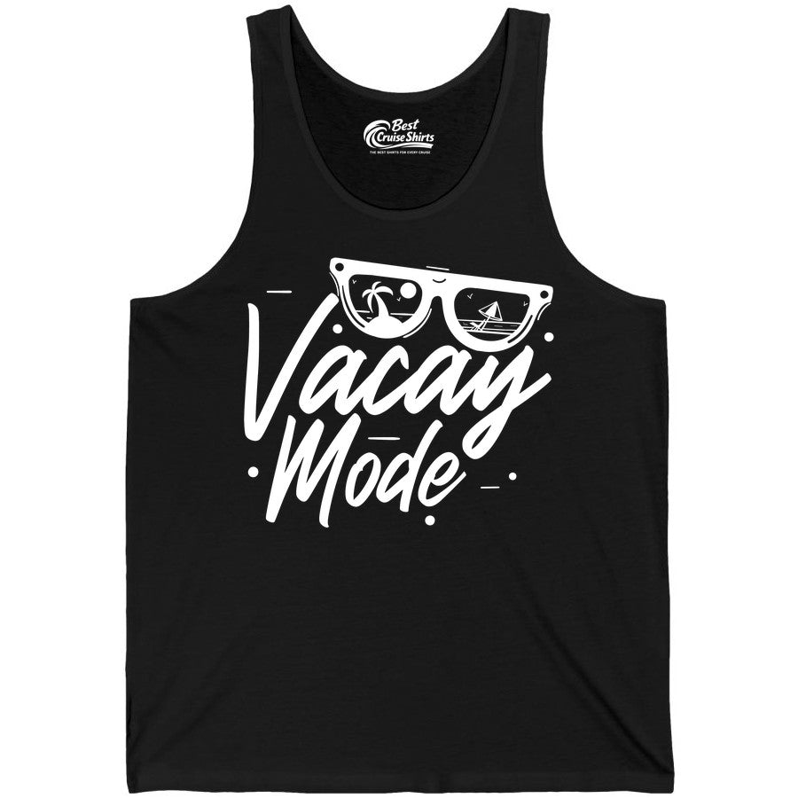 Vacay Mode Shirt - Beach Vacation Shirt for Summer Travel Adventures (Tank Top) in Black - Vacay Mode Shirt - Sunglasses Beach Scene Summer Travel Tee