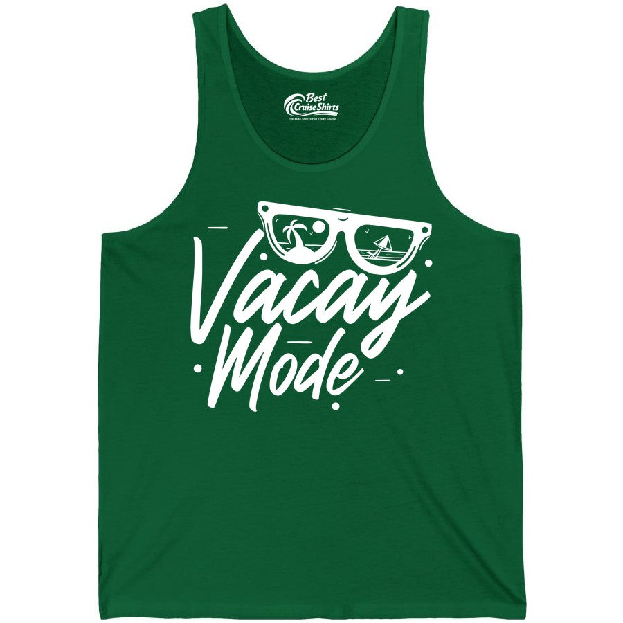 Vacay Mode Shirt - Beach Vacation Shirt for Summer Travel Adventures (Tank Top) in Kelly - Vacay Mode Shirt - Sunglasses Beach Scene Summer Travel Tee