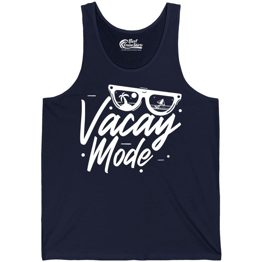 Vacay Mode Shirt - Beach Vacation Shirt for Summer Travel Adventures (Tank Top) in Navy - Vacay Mode Shirt - Sunglasses Beach Scene Summer Travel Tee