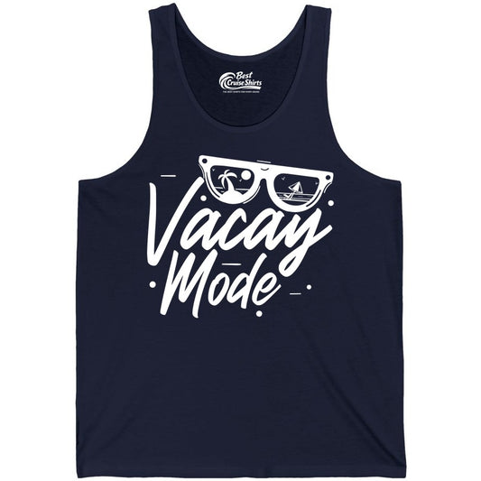 Vacay Mode Shirt - Beach Vacation Shirt for Summer Travel Adventures (Tank Top) in Navy - Vacay Mode Shirt - Sunglasses Beach Scene Summer Travel Tee