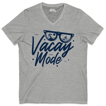 Vacay Mode Shirt - Beach Vacation Shirt for Summer Travel Adventures (V-Neck) in Athletic Heather - Vacay Mode Shirt - Sunglasses Beach Scene Summer Travel Tee