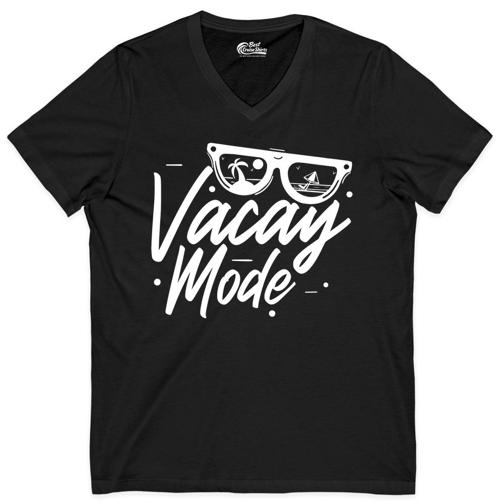 Vacay Mode Shirt - Beach Vacation Shirt for Summer Travel Adventures (V-Neck) in Black - Vacay Mode Shirt - Sunglasses Beach Scene Summer Travel Tee