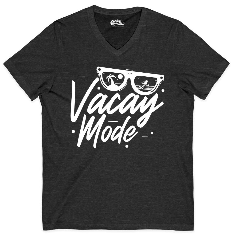 Vacay Mode Shirt - Beach Vacation Shirt for Summer Travel Adventures (V-Neck) in Dark Grey Heather - Vacay Mode Shirt - Sunglasses Beach Scene Summer Travel Tee
