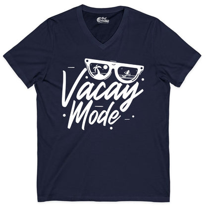 Vacay Mode Shirt - Beach Vacation Shirt for Summer Travel Adventures (V-Neck) in Navy - Vacay Mode Shirt - Sunglasses Beach Scene Summer Travel Tee