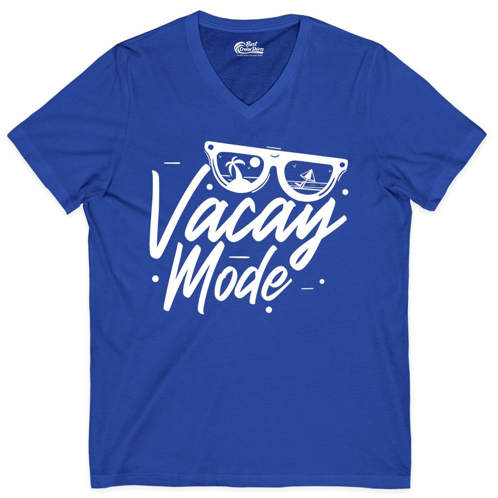 Vacay Mode Shirt - Beach Vacation Shirt for Summer Travel Adventures (V-Neck) in True Royal - Vacay Mode Shirt - Sunglasses Beach Scene Summer Travel Tee