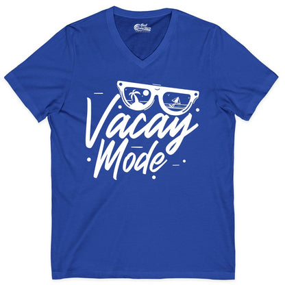 Vacay Mode Shirt - Beach Vacation Shirt for Summer Travel Adventures (V-Neck) in True Royal - Vacay Mode Shirt - Sunglasses Beach Scene Summer Travel Tee