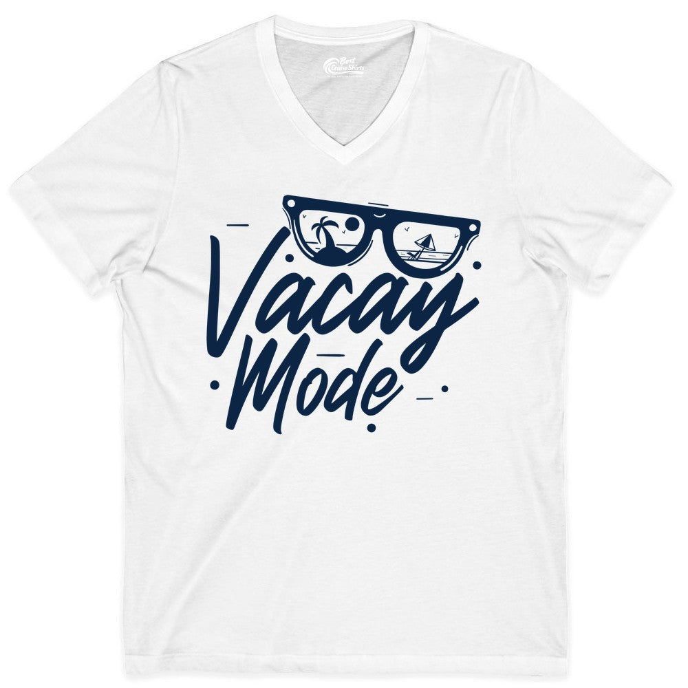 Vacay Mode Shirt - Beach Vacation Shirt for Summer Travel Adventures (V-Neck) in White - Vacay Mode Shirt - Sunglasses Beach Scene Summer Travel Tee