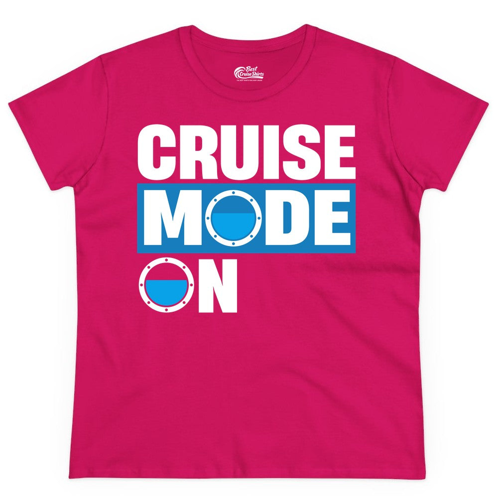 Cruise Mode On Shirt - Funny Cruise Shirt for Caribbean Vacations (Ladies Tee) in Heliconia - Cruise Mode On Shirt - Nautical Porthole Funny Cruise Vacation Tee